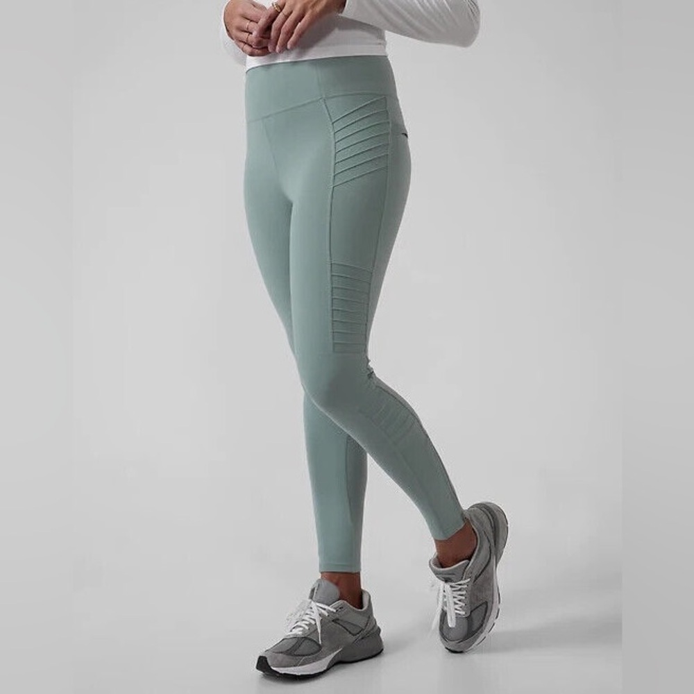 Athleta Delancey Moto  Legging Zipper Pockets Green